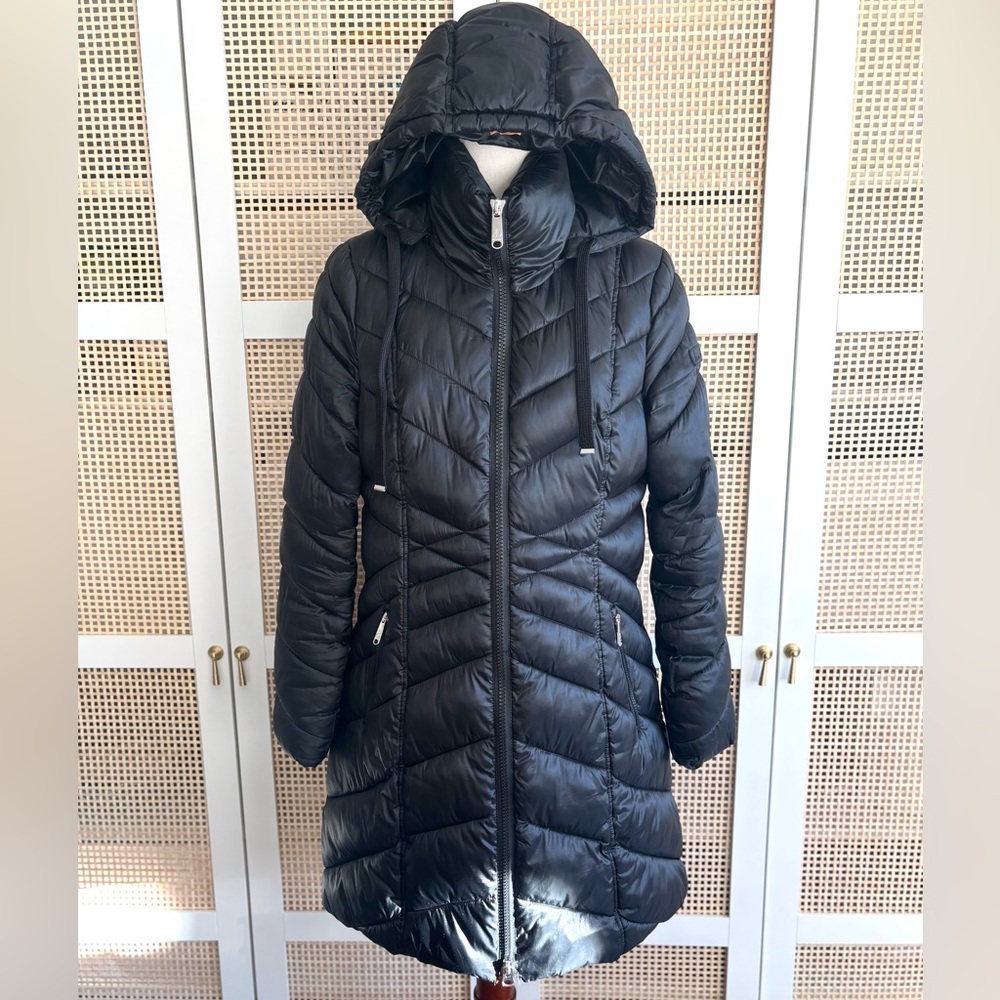 Sam Edelman Longline Black Quilted Puffer Coat Removable Hood M